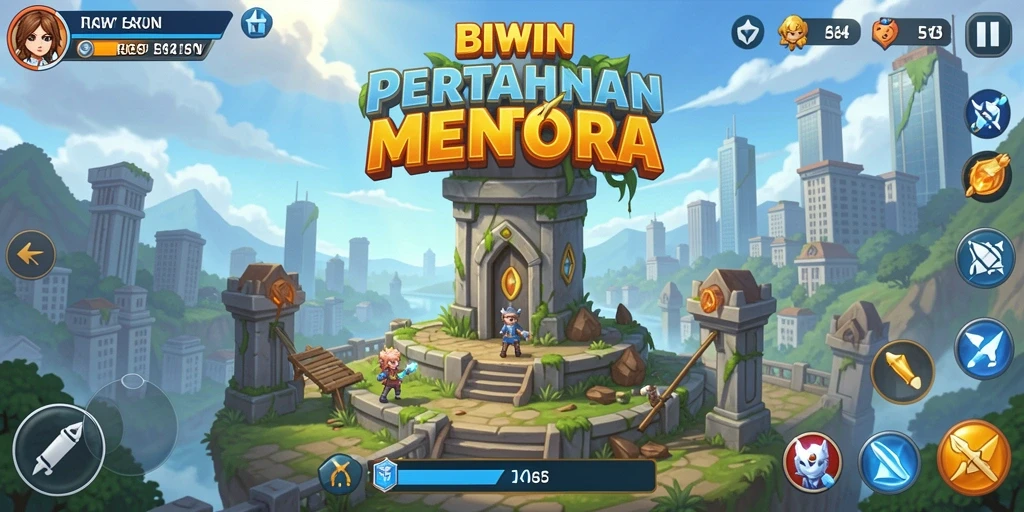 Screenshot utama game BIWIN menampilkan pertempuran Tower Defense yang seru dan strategis.