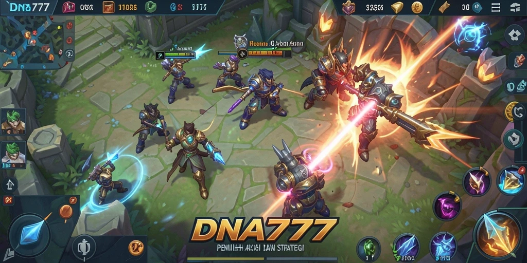 Screenshot menampilkan pertempuran epik dalam gameplay MOBA DNA777.