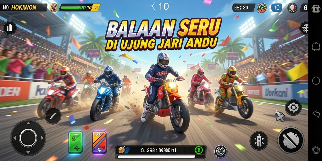 Tangkapan layar HOKIWON menampilkan aksi balapan mendebarkan.